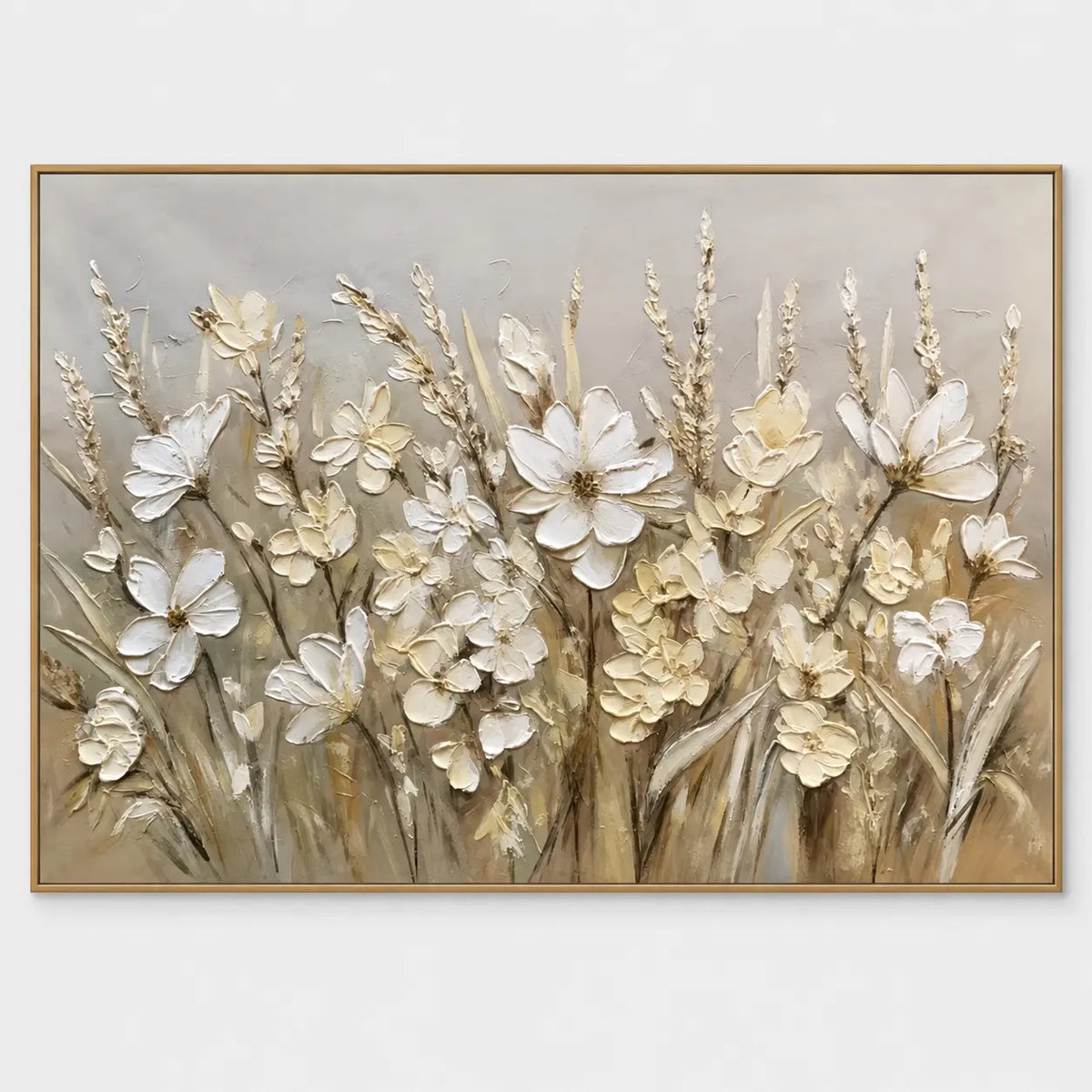 A Meadow in Linen Light: White and cream wildflowers mingle with tall seed stems on a warm gray ground