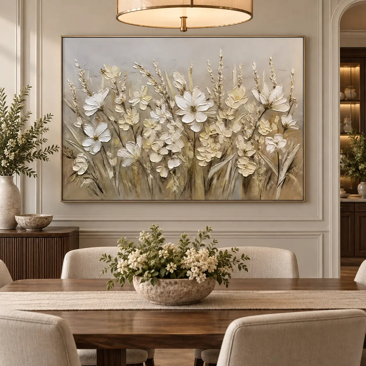 A Meadow in Linen Light: behind a wood dining table with a floral bowl beneath a circular pendant