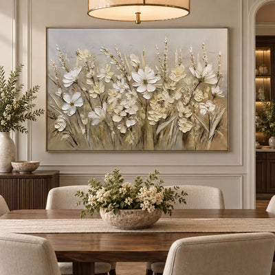A Meadow in Linen Light: behind a wood dining table with a floral bowl beneath a circular pendant