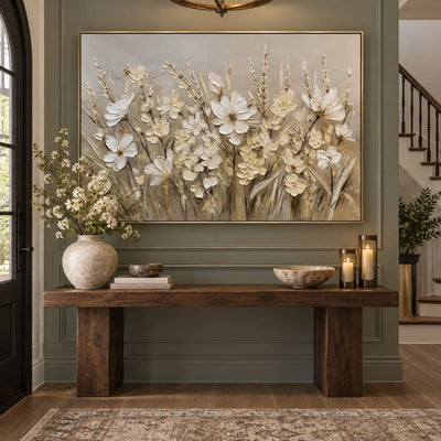 A Meadow in Linen Light: above a rustic wood console with glass candle holders beside stairs