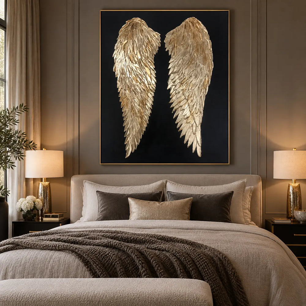 A Pair of Golden Guardians: above a neutral bed between matching gold-accented bedside lamps