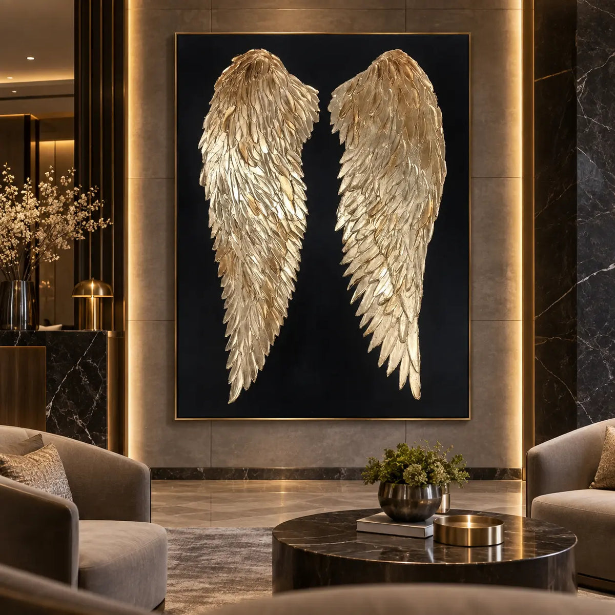 A Pair of Golden Guardians: on a tall illuminated wall behind cream lounge chairs and a black round table