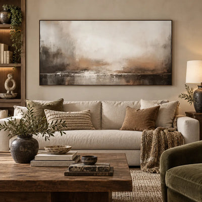 A Quiet Line of Light: above a cream sofa next to wooden shelves and a table lamp