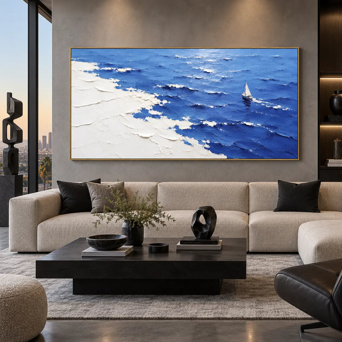 A Sail Beyond the White Margin: above a curved light sofa with a rectangular dark table and sculpture