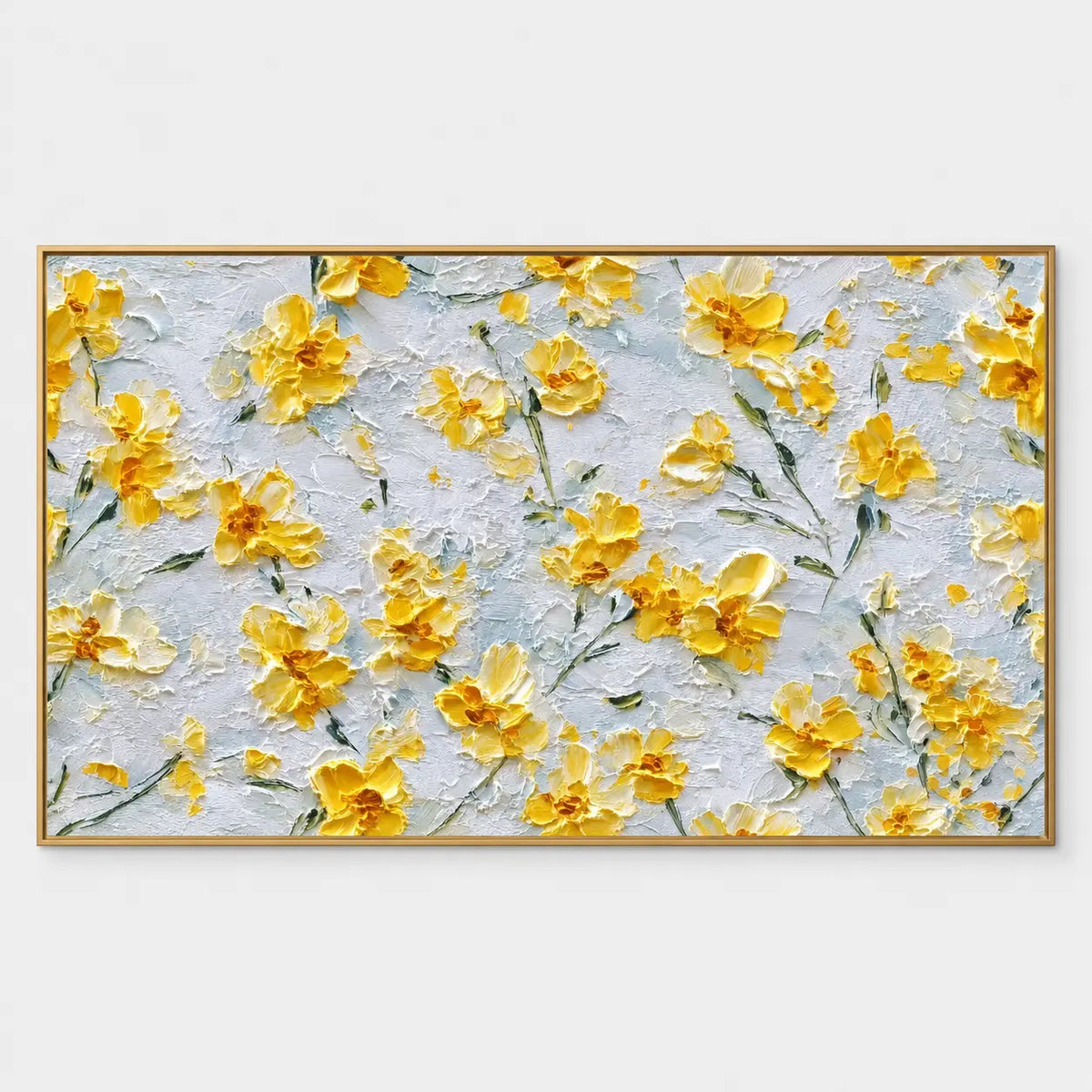 A Scattering of Sunlit Petals: Yellow blossoms and slender green stems scatter over a pale gray-white ground