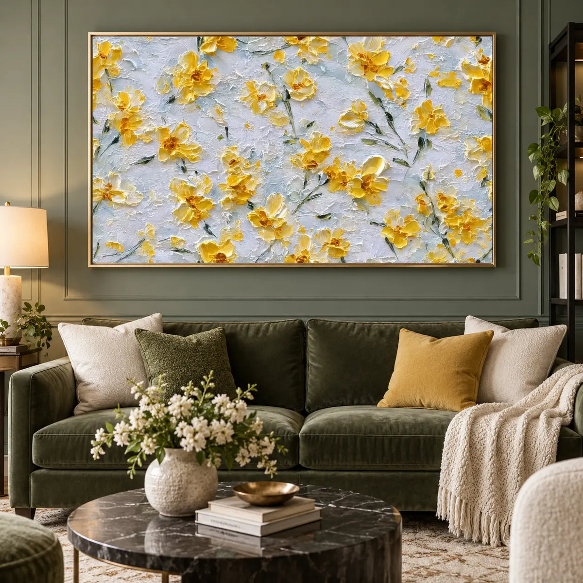 A Scattering of Sunlit Petals: above an olive sofa against a green paneled wall