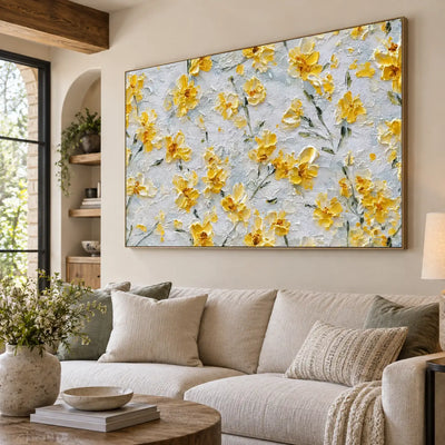 A Scattering of Sunlit Petals: viewed at an angle above a cream sofa beside an arched niche