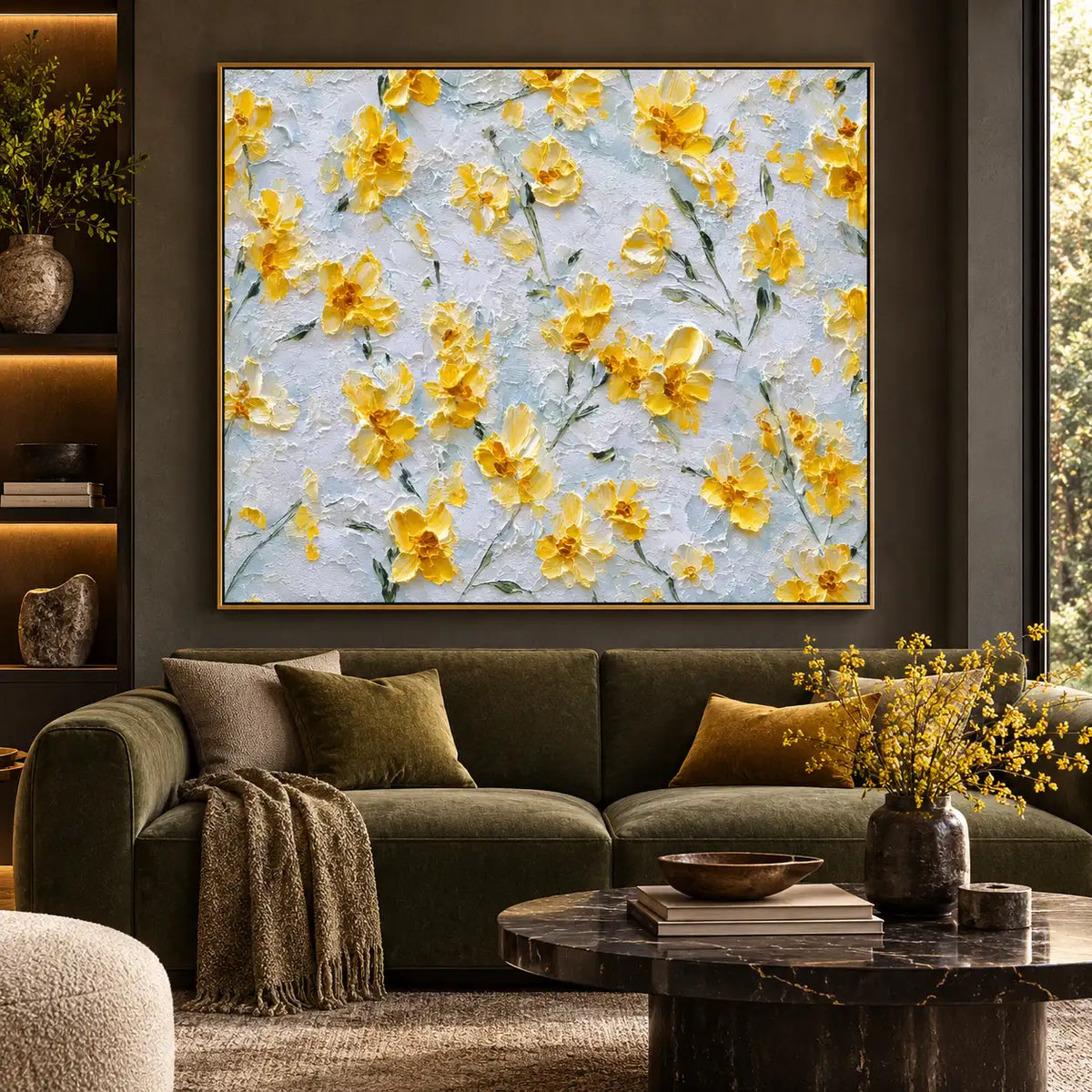 A Scattering of Sunlit Petals: above a dark olive sofa beside illuminated shelves