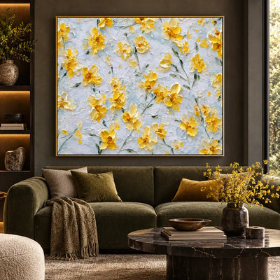 A Scattering of Sunlit Petals: above a dark olive sofa beside illuminated shelves