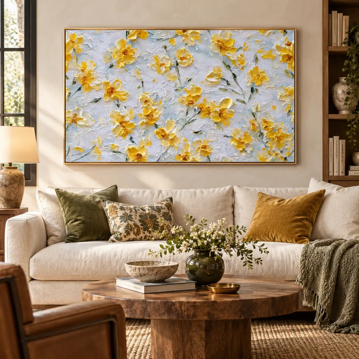 A Scattering of Sunlit Petals: over an ivory sofa with a round wooden coffee table
