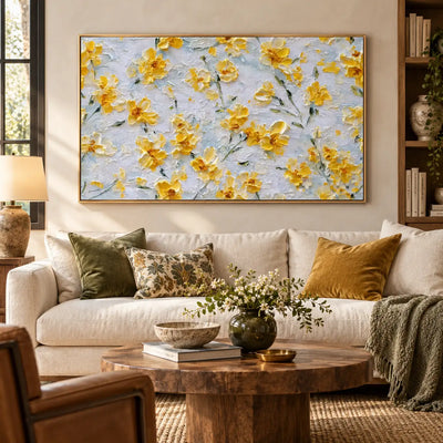 A Scattering of Sunlit Petals: over an ivory sofa with a round wooden coffee table