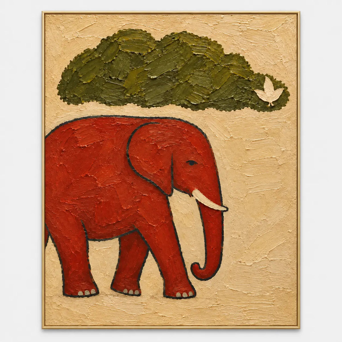 A Small Bird for an Elephant: A red elephant with a cream tusk beneath an olive canopy and a small pale bird