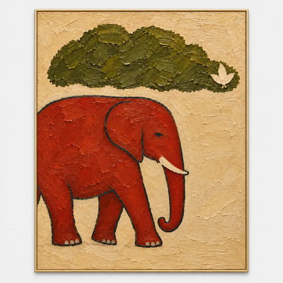 A Small Bird for an Elephant: A red elephant with a cream tusk beneath an olive canopy and a small pale bird