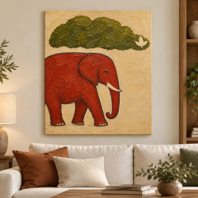 A Small Bird for an Elephant: above a cream sofa with rust cushions beside a wood bookcase
