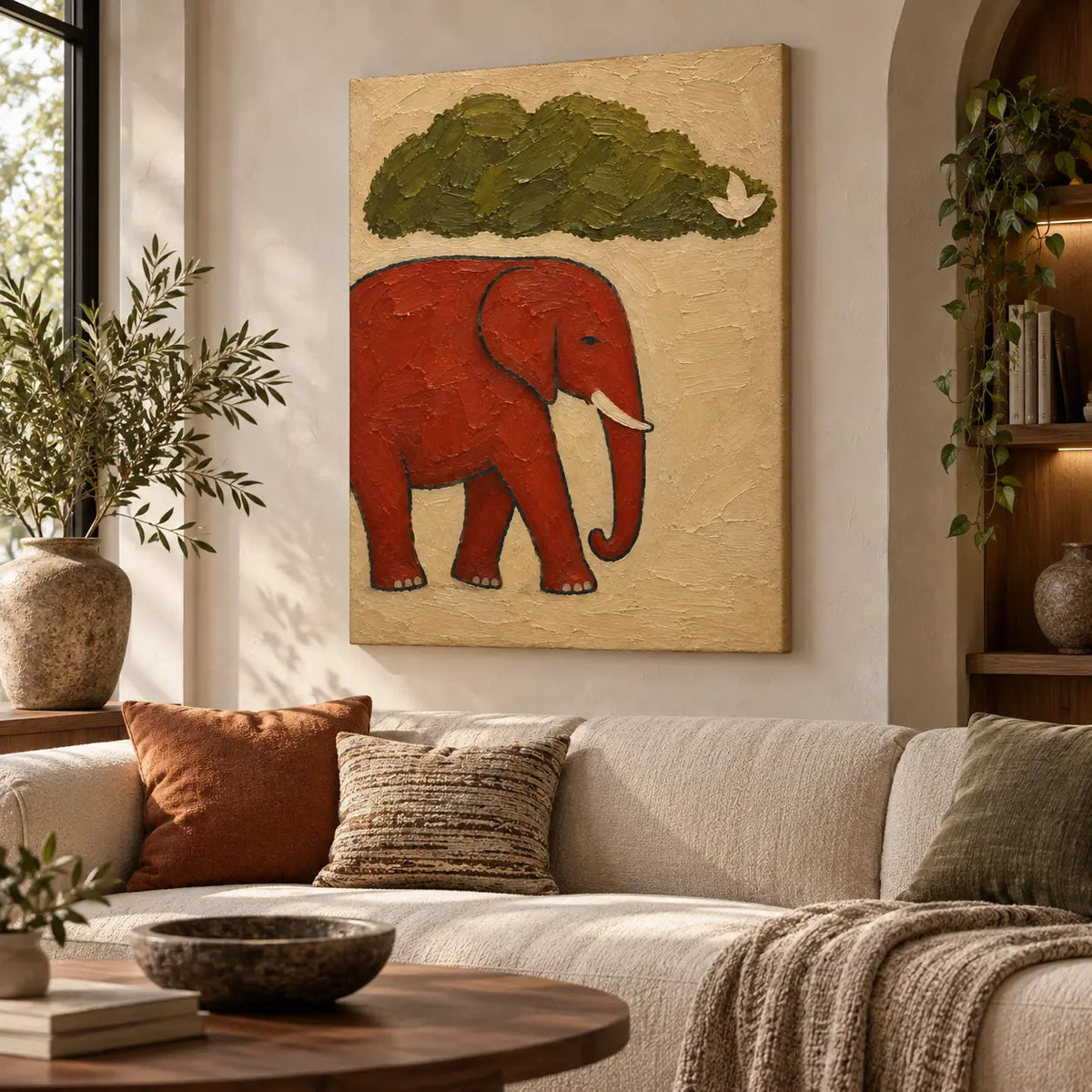 A Small Bird for an Elephant: angled above a cream sofa between a black window and arched shelving