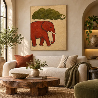 A Small Bird for an Elephant: above a curved cream sofa and live edge table beside an arched window
