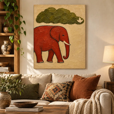 A Small Bird for an Elephant: above a cream sofa with a rust and black geometric cushion