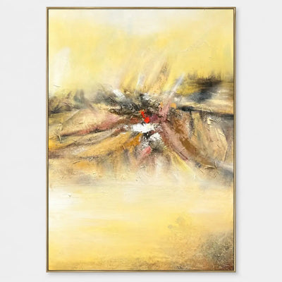 A Spark in the Haze: Ochre, charcoal and rose strokes converge around a small red accent in pale yellow space