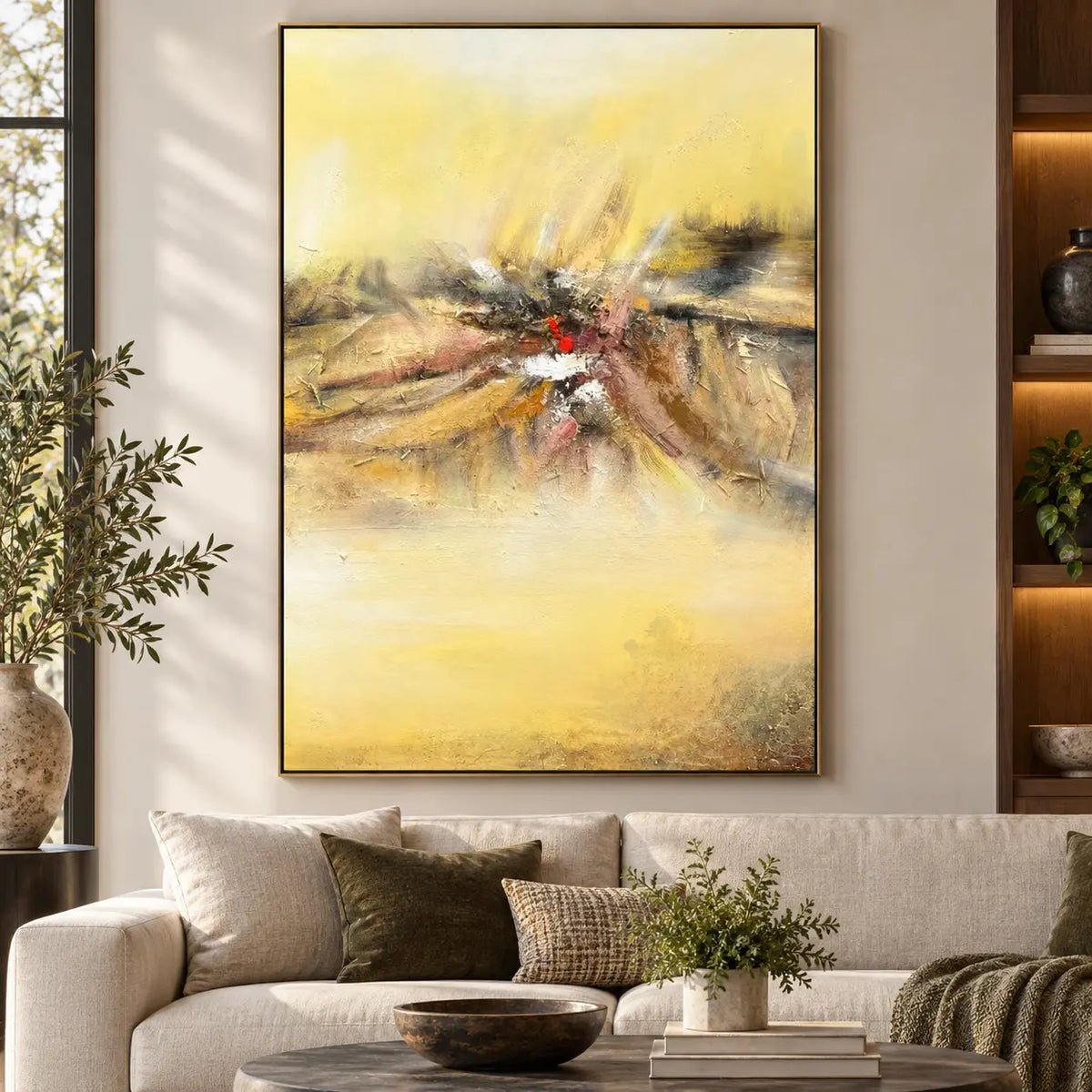 A Spark in the Haze: above an ivory sofa beside illuminated wood shelving