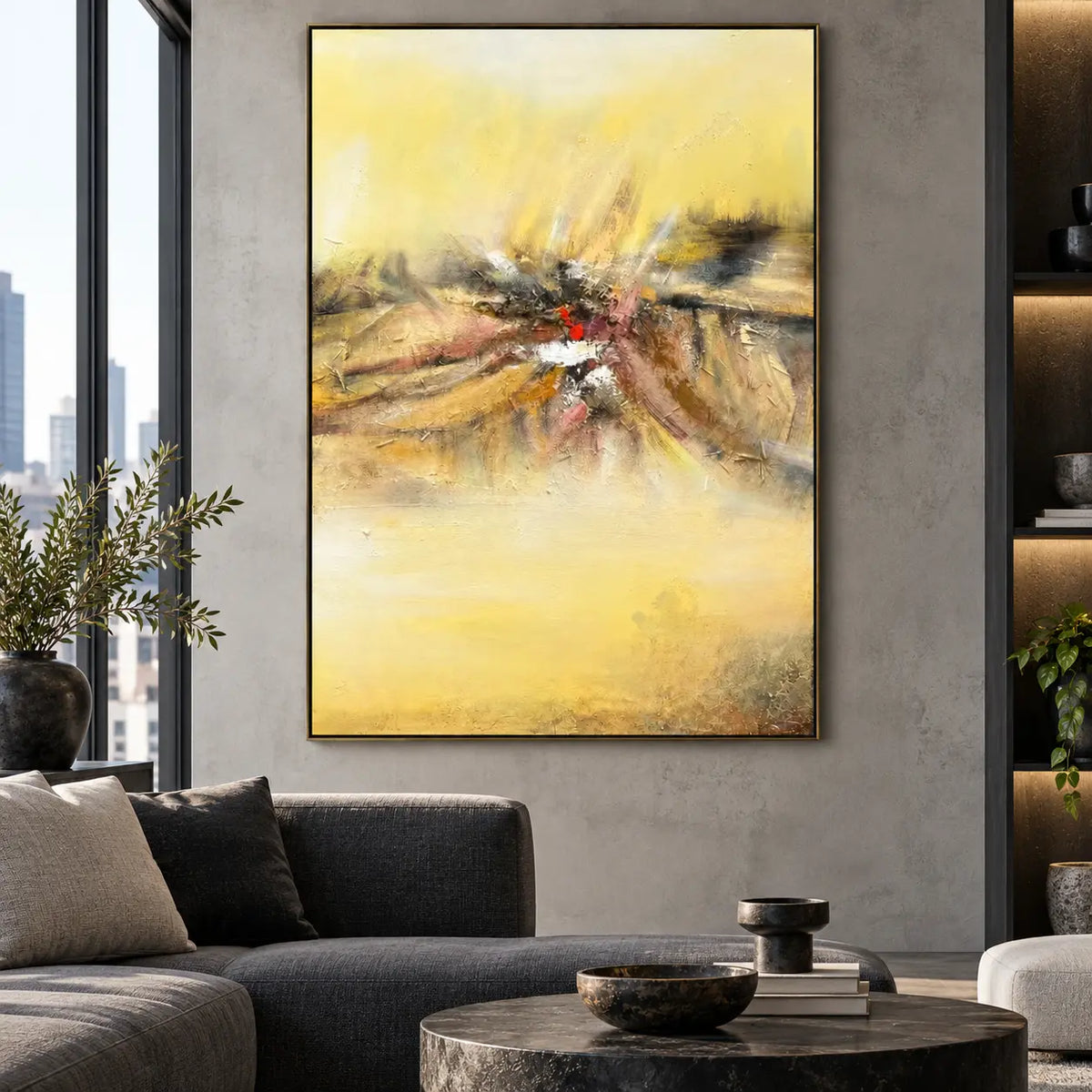 A Spark in the Haze: above a dark gray sofa beside a city-view window
