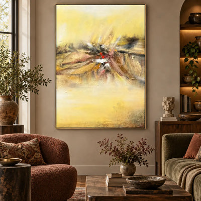 A Spark in the Haze: between a rust armchair and olive sofa near an arched shelf