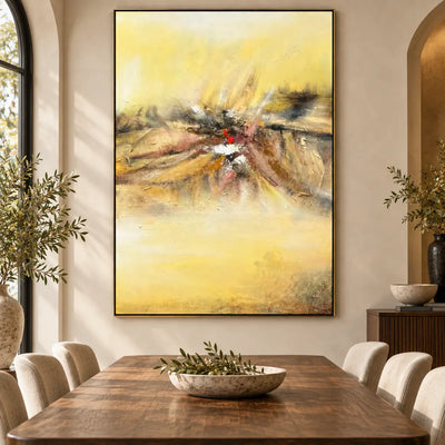 A Spark in the Haze: behind a wood dining table beside an arched window