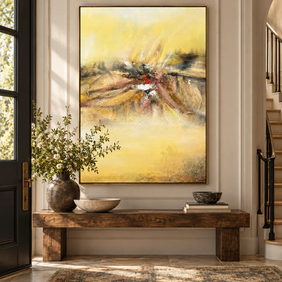 A Spark in the Haze: above a rustic console beside a black entry door and stairs