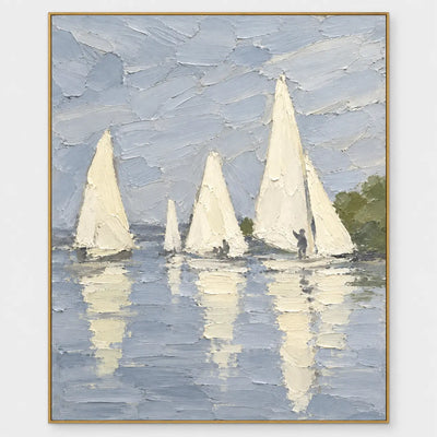 A Stillwater Gathering: White sailboats and long reflections on calm blue water