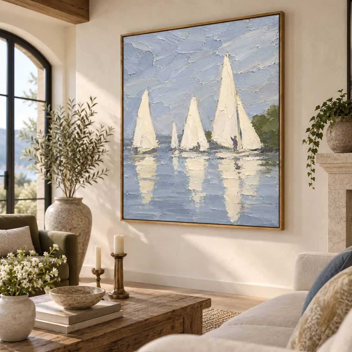 A Stillwater Gathering above a cream sectional beside an arched window and candlelit coffee table