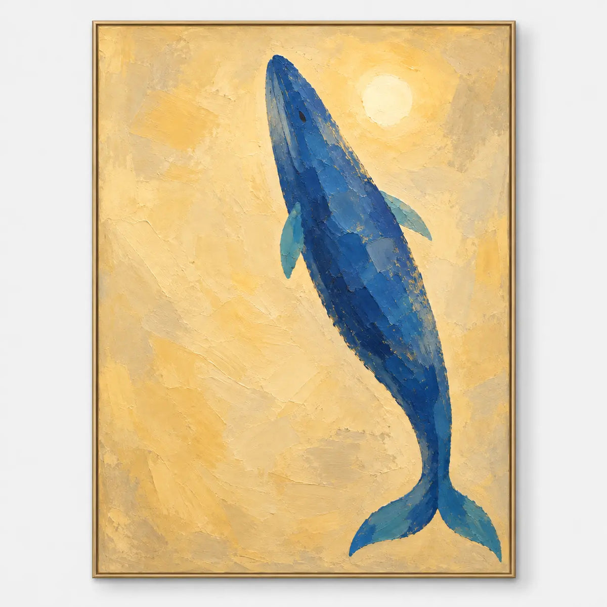 A Whale Toward the Sun: A long blue whale rising diagonally across a yellow ground toward a pale sun