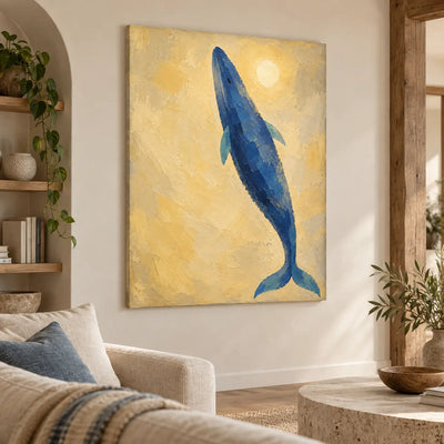 A Whale Toward the Sun: unframed beside arched shelving behind a pale round stone table