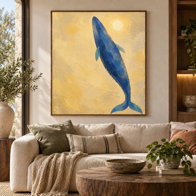 A Whale Toward the Sun: framed above a cream sofa and round wood table