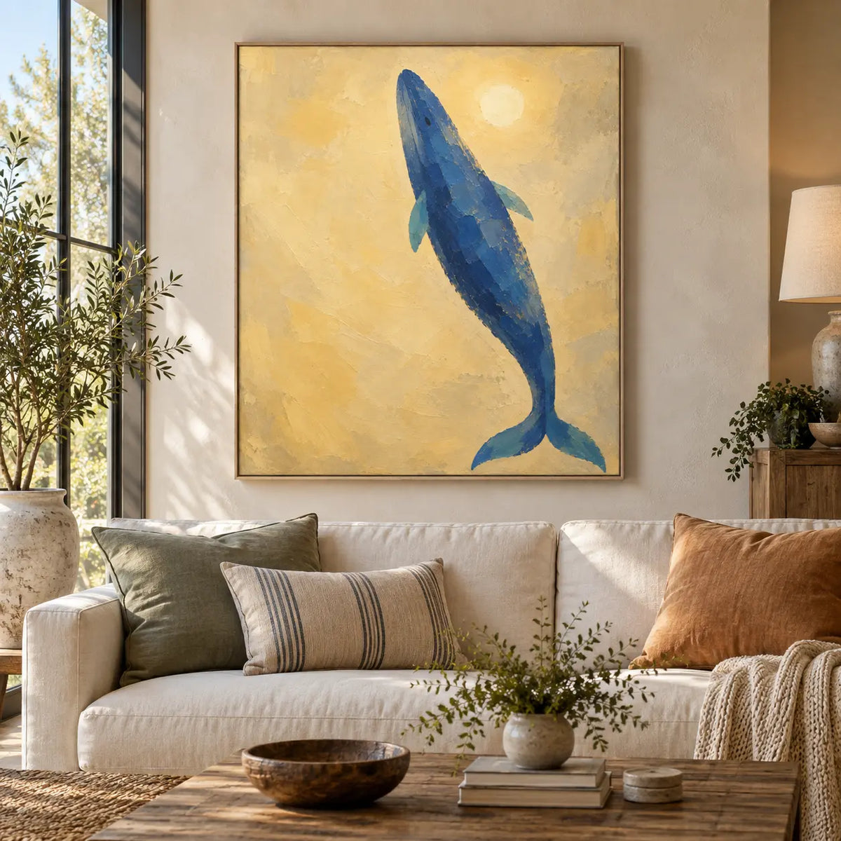 A Whale Toward the Sun: above a cream sofa with sage and rust cushions