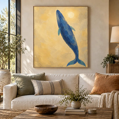 A Whale Toward the Sun: above a cream sofa with sage and rust cushions