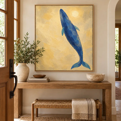 A Whale Toward the Sun: above an entry console and woven bench beside a wooden door