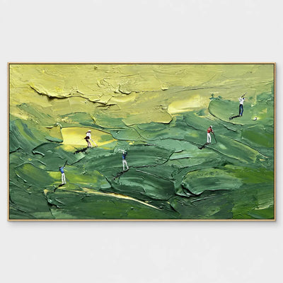 Across the Green Contours: Tiny golfers moving through sweeping dark and yellow-green contours