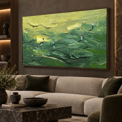 Across the Green Contours above a pale sofa with dark green cushions and a marble coffee table