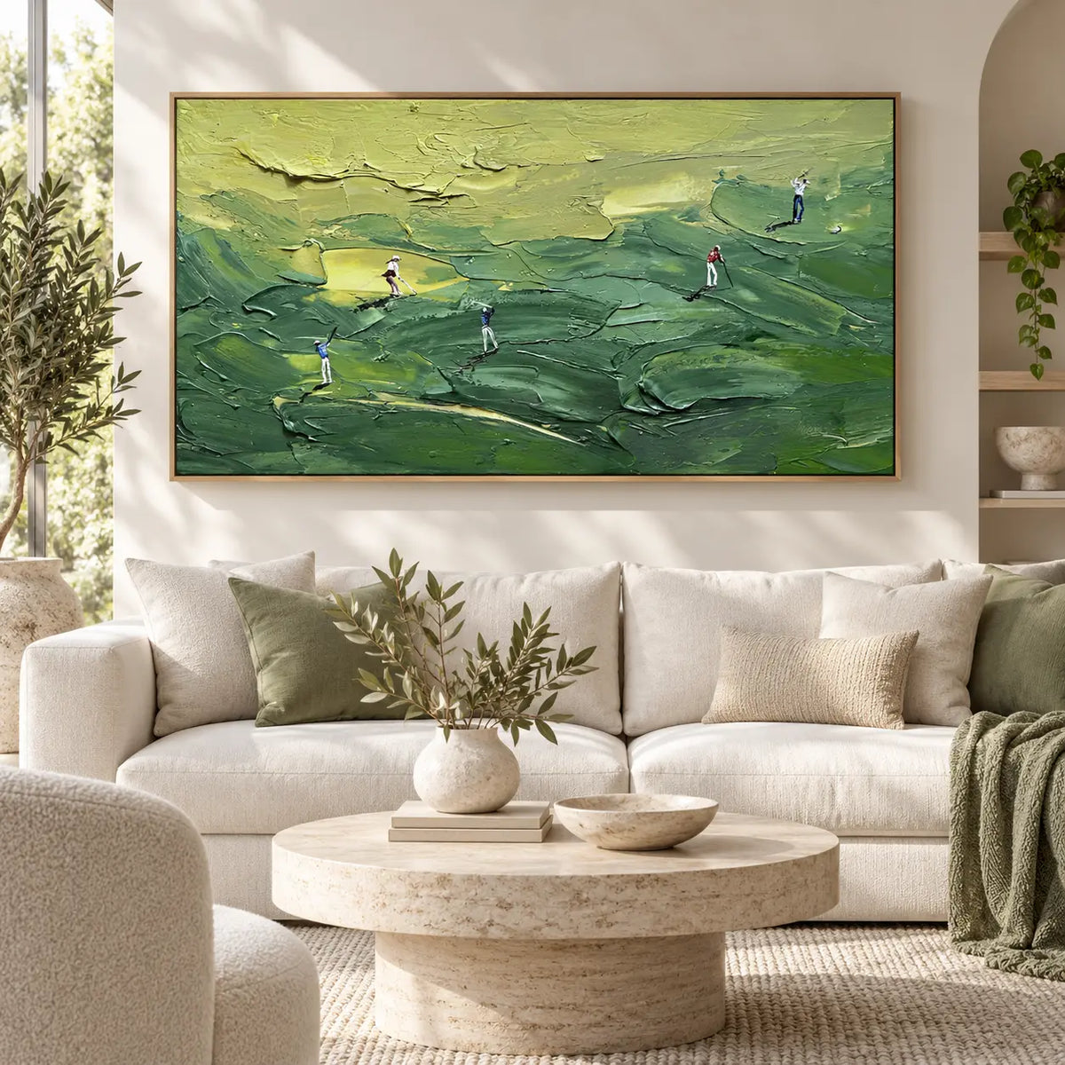 Across the Green Contours above a white sofa with olive cushions and a pale stone table
