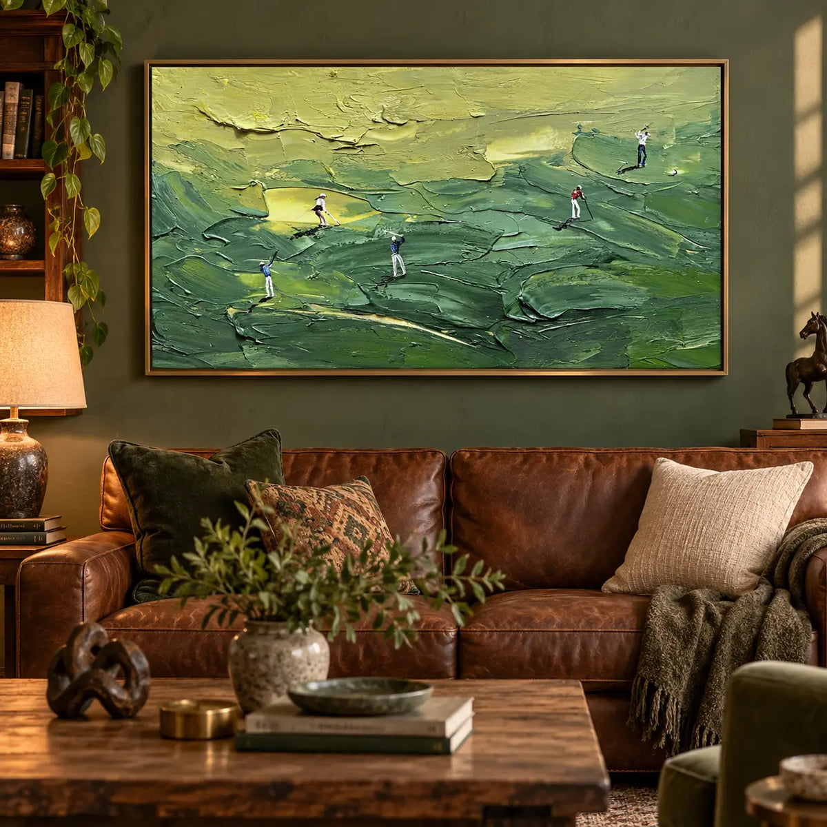 Across the Green Contours above a leather sofa with patterned cushions in a dark green room