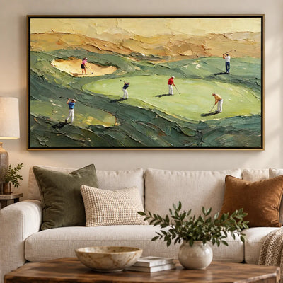 An Afternoon on the Links above a cream sofa with rust and olive cushions