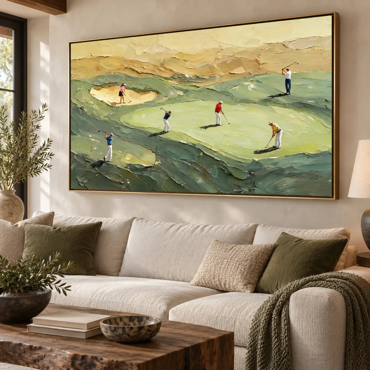 An Afternoon on the Links over a low cabinet beside a curved lounge chair and arched opening