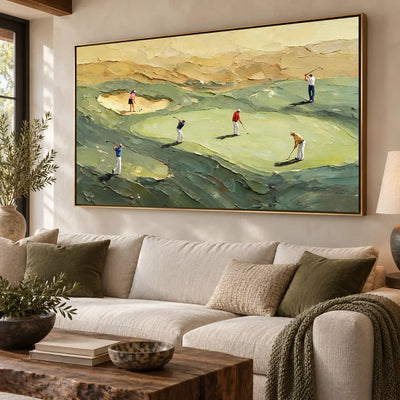 An Afternoon on the Links over a low cabinet beside a curved lounge chair and arched opening