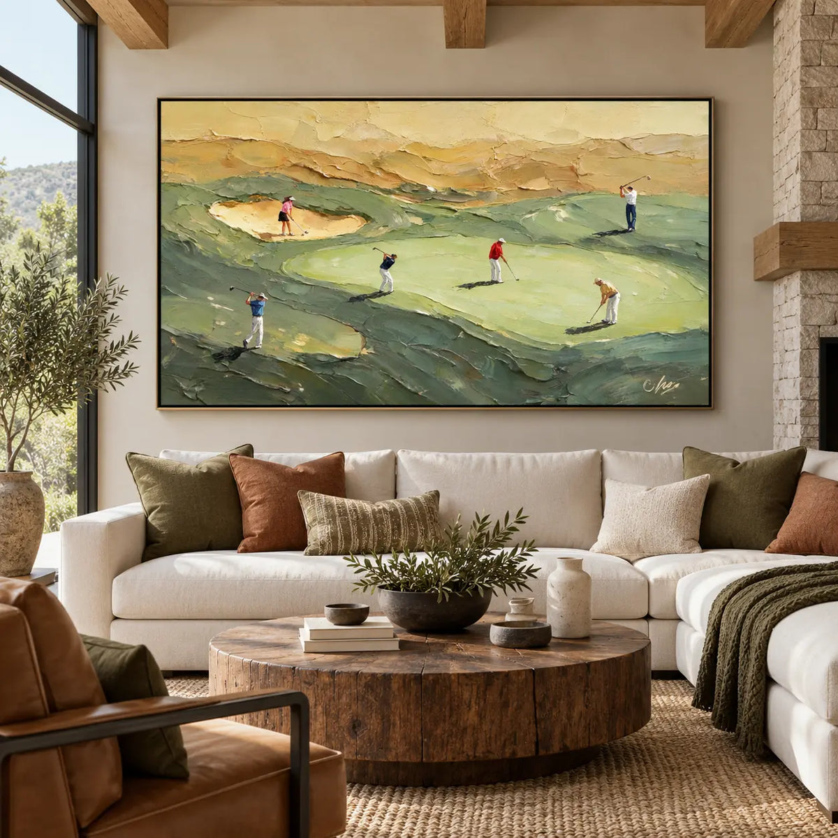 An Afternoon on the Links above a white sofa with rust cushions and a round wood coffee table