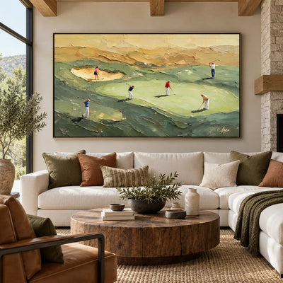 An Afternoon on the Links above a white sofa with rust cushions and a round wood coffee table