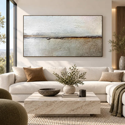 An Ochre Line in the Mist: above a white sectional sofa with a rectangular pale stone table