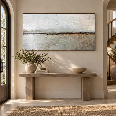 An Ochre Line in the Mist: above a wood console between an arched door and staircase