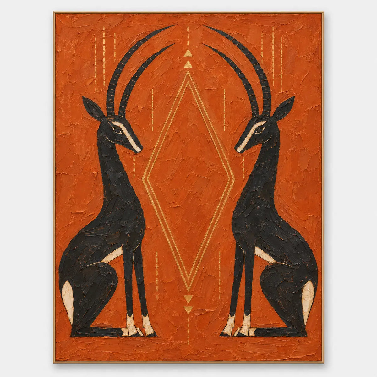 Antelopes in Balance: Two black antelopes facing inward around a gold diamond on an orange field