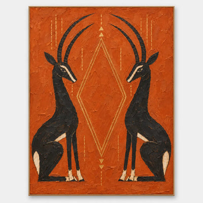 Antelopes in Balance: Two black antelopes facing inward around a gold diamond on an orange field