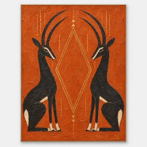 Antelopes in Balance: Two black antelopes facing inward around a gold diamond on an orange field