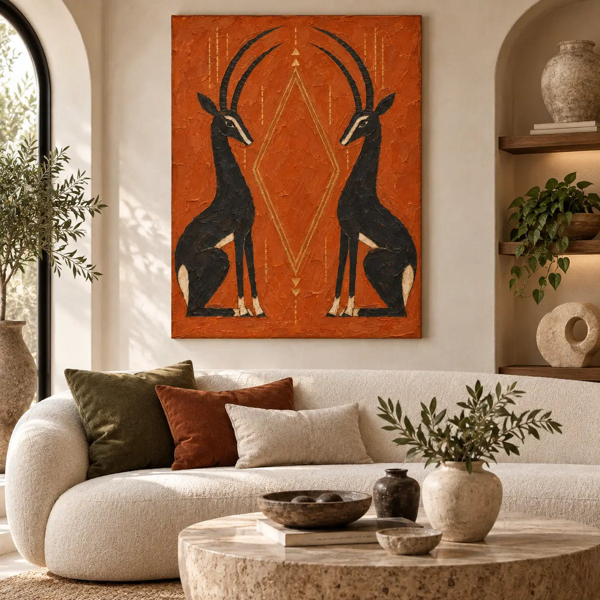 Antelopes in Balance: above a curved cream sofa and pale round stone table